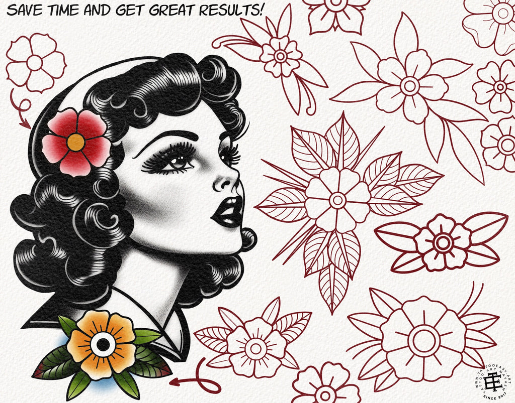 Procreate - Garden Essentials, Tattoo Leaves & Flowers, Fineline, hand drawn, Commercial Use