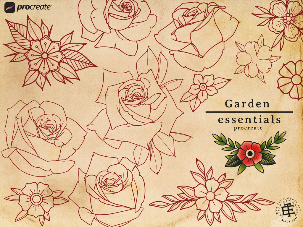Procreate - Garden Essentials, Tattoo Leaves & Flowers, Fineline, hand drawn, Commercial Use