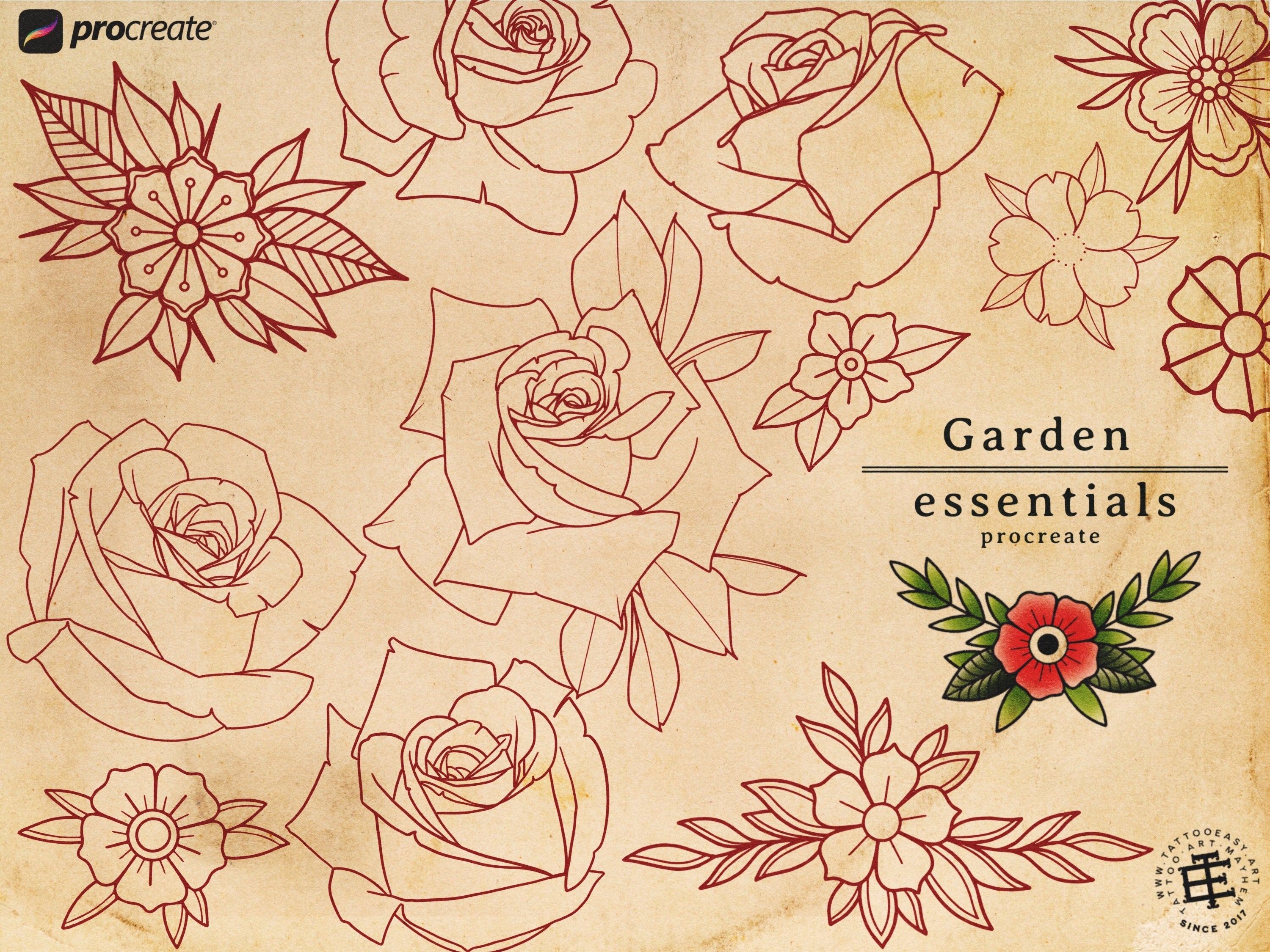 Procreate - Garden Essentials, Tattoo Leaves & Flowers, Fineline, hand drawn, Commercial Use
