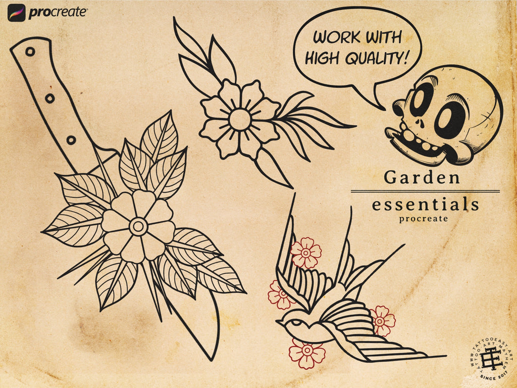 Procreate - Garden Essentials, Tattoo Leaves & Flowers, Fineline, hand drawn, Commercial Use