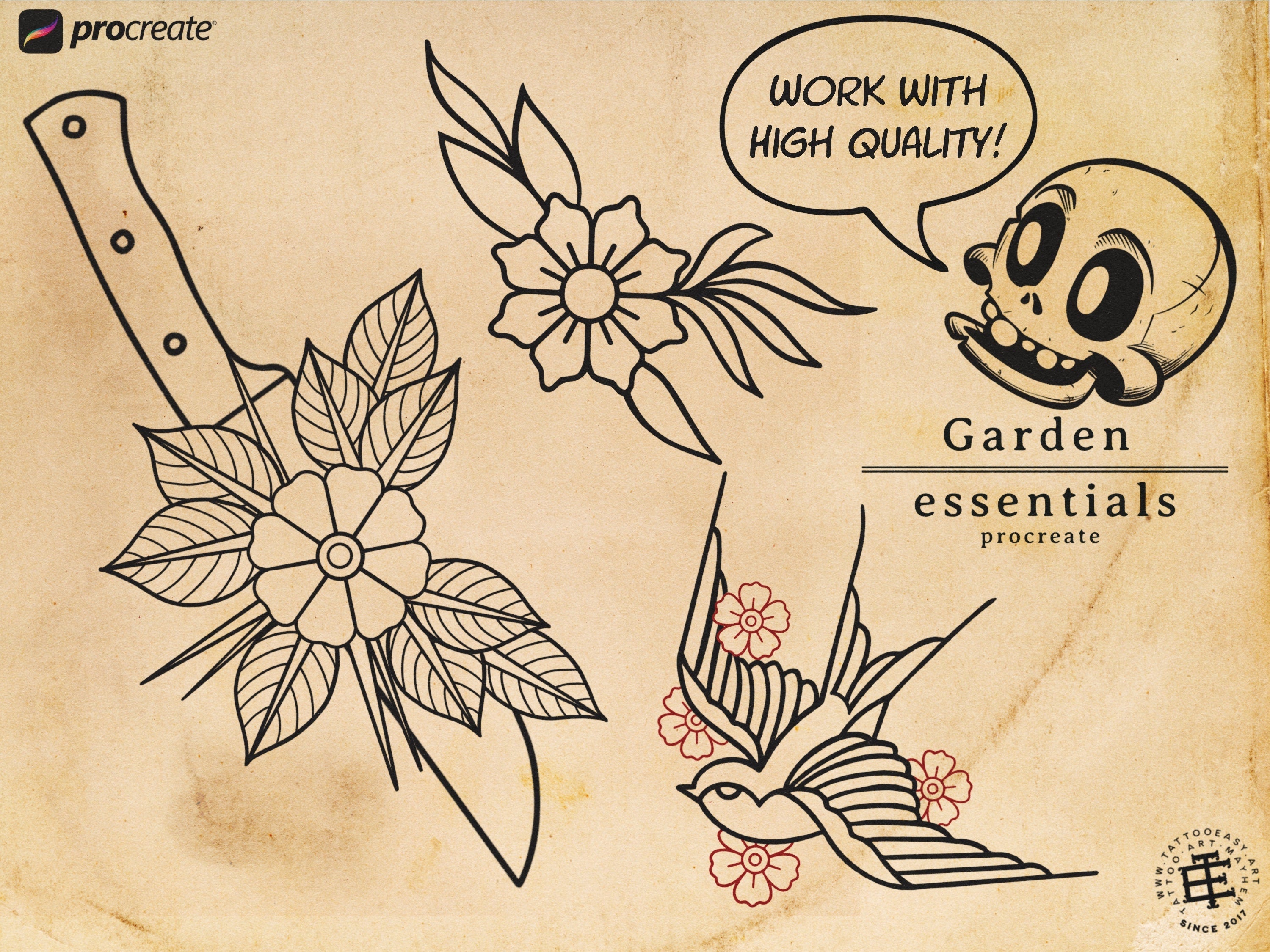 Procreate - Garden Essentials, Tattoo Leaves & Flowers, Fineline, hand drawn, Commercial Use