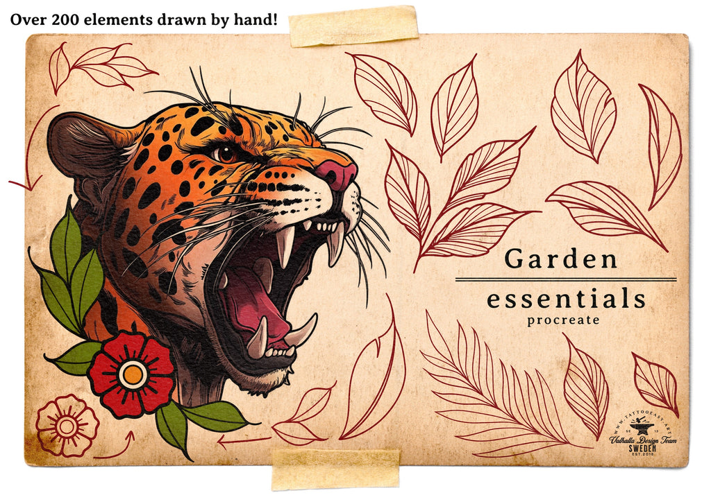 Procreate - Garden Essentials, Tattoo Leaves & Flowers, Fineline, hand drawn, Commercial Use