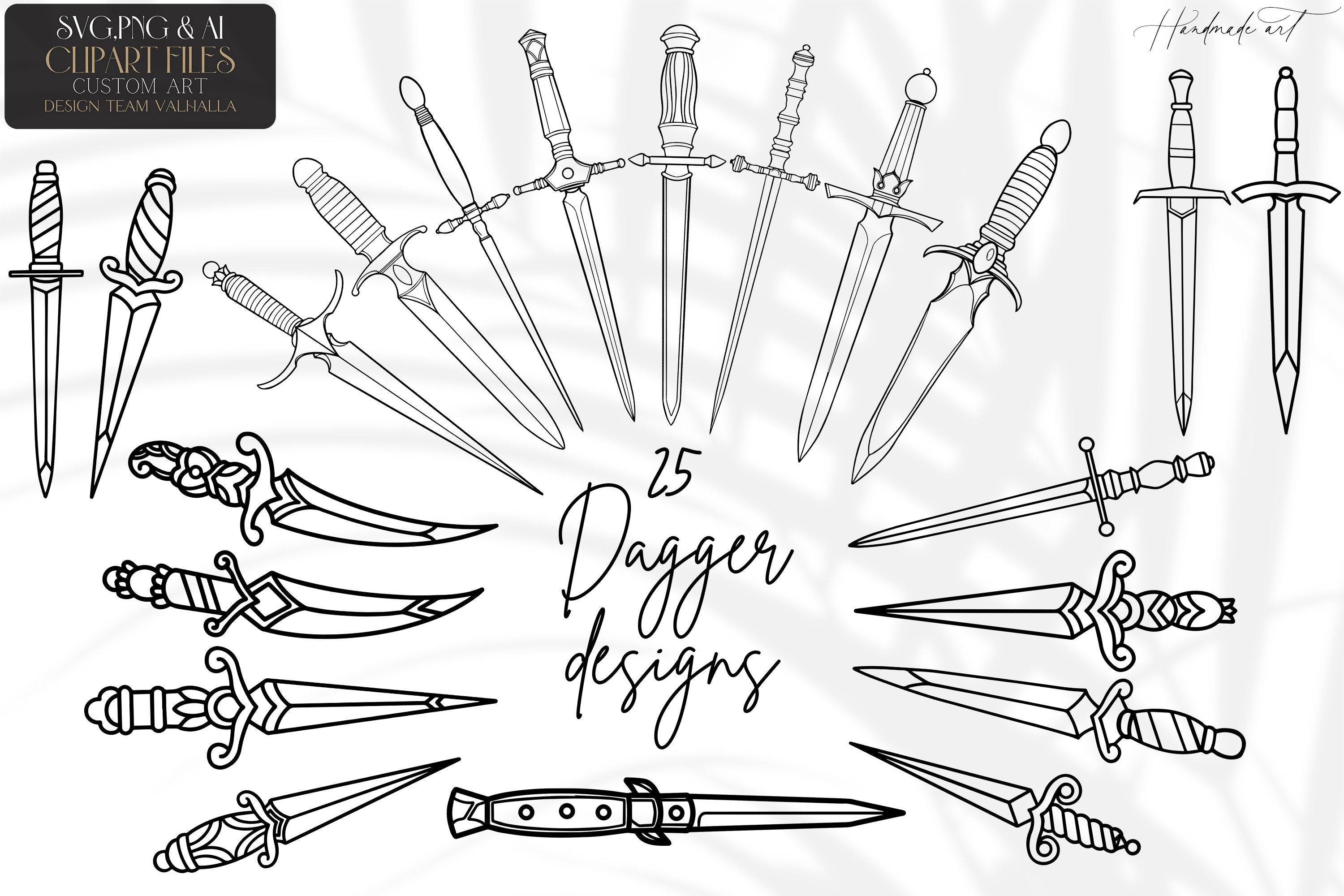 Dagger Tattoo Clipart, Outlined Dagger Designs (AI, SVG, PNG)