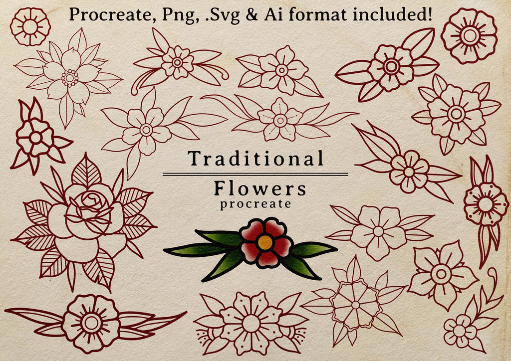 100 tattoo inspired flowers drawn by hand - .svg .png .ai & Procreate format included