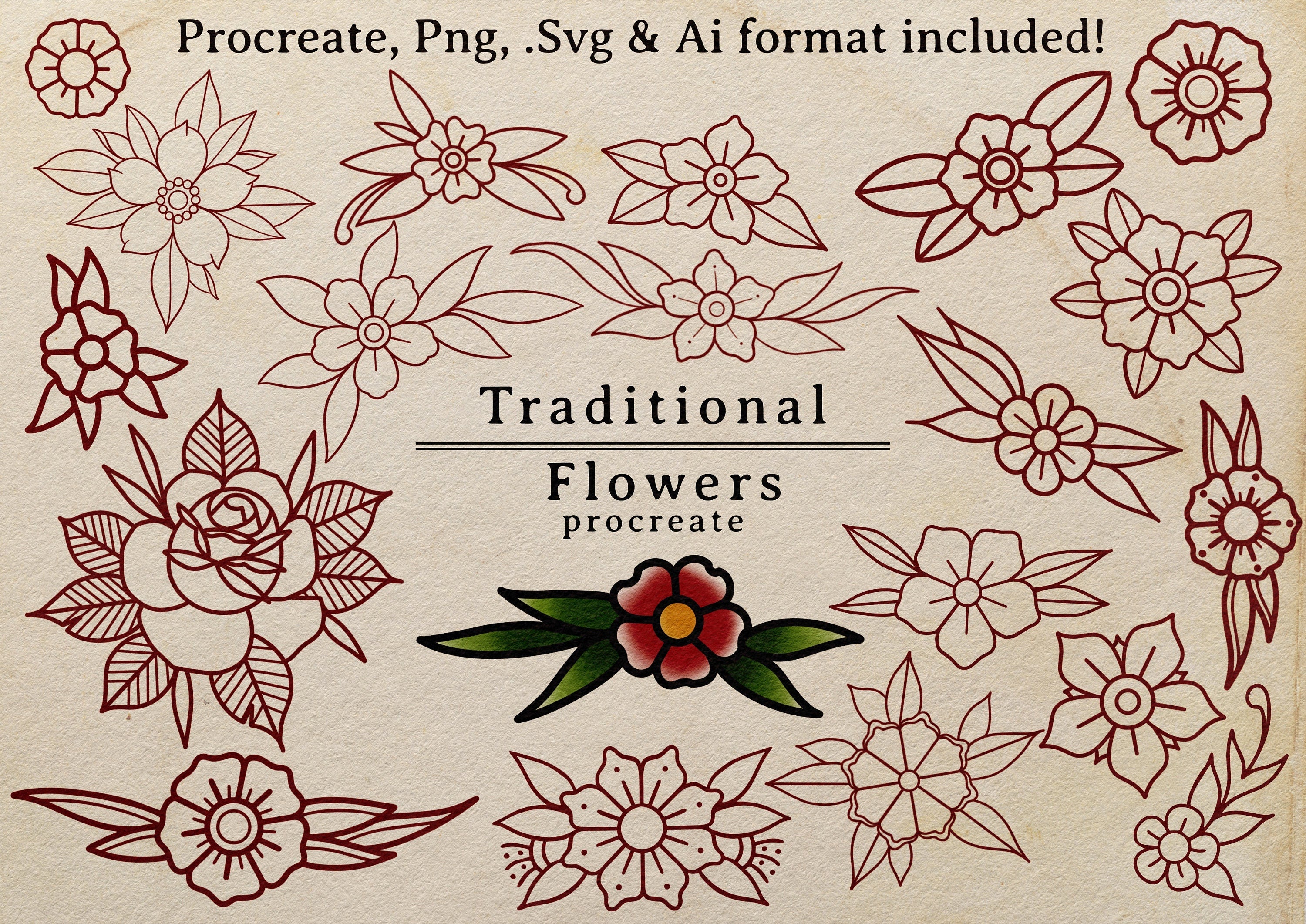 100 tattoo inspired flowers drawn by hand - .svg .png .ai & Procreate format included