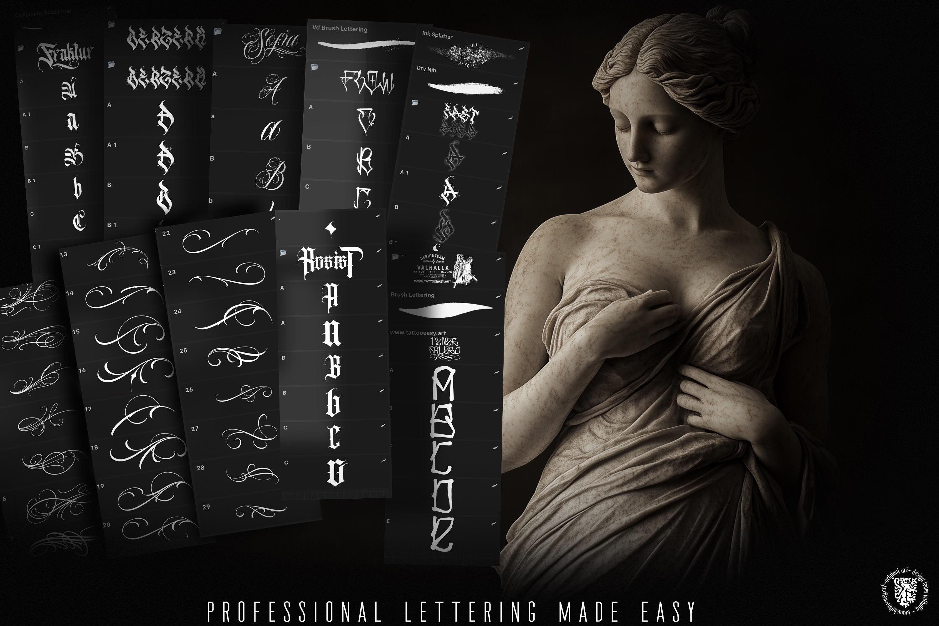 Procreate Tattoo Lettering Kit, Chicano Blackletter Fonts, 1200+ Stamps & Brushes