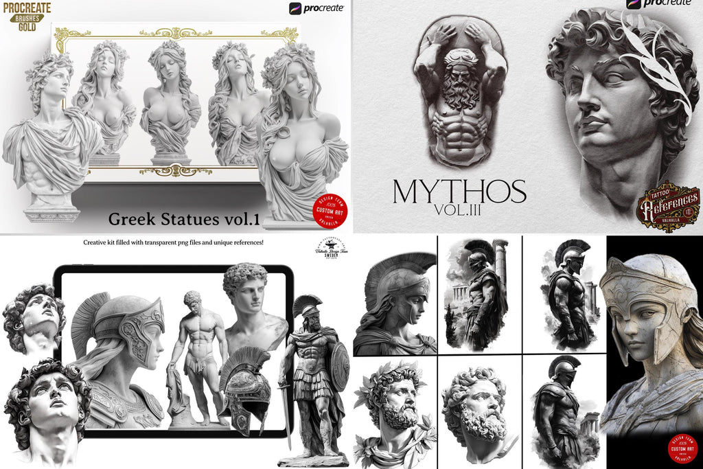 Greek Mythology Tattoo Art: Procreate Stamps, SVG, PNG (2500+ Elements)