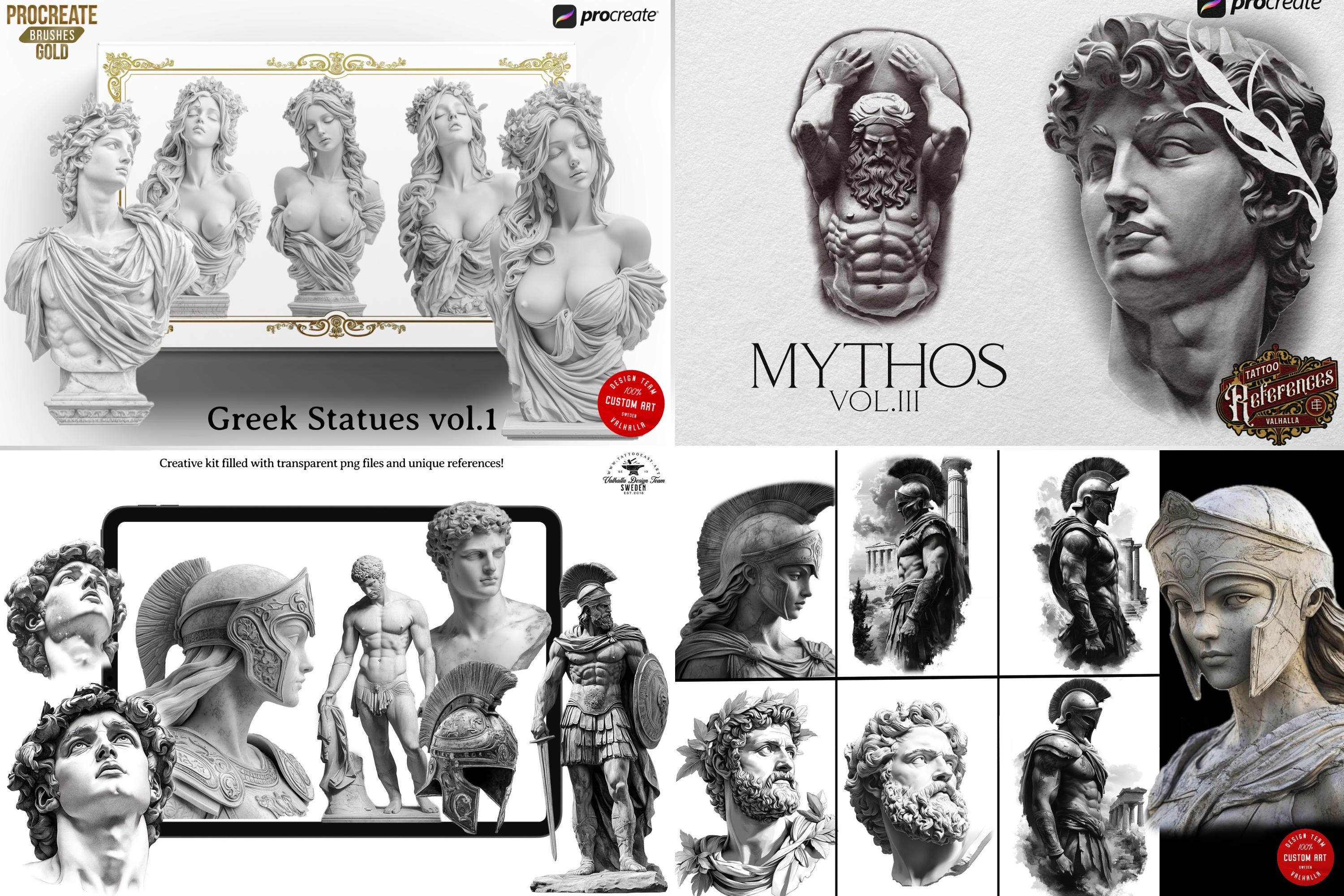 Greek Mythology Tattoo Art: Procreate Stamps, SVG, PNG (2500+ Elements)