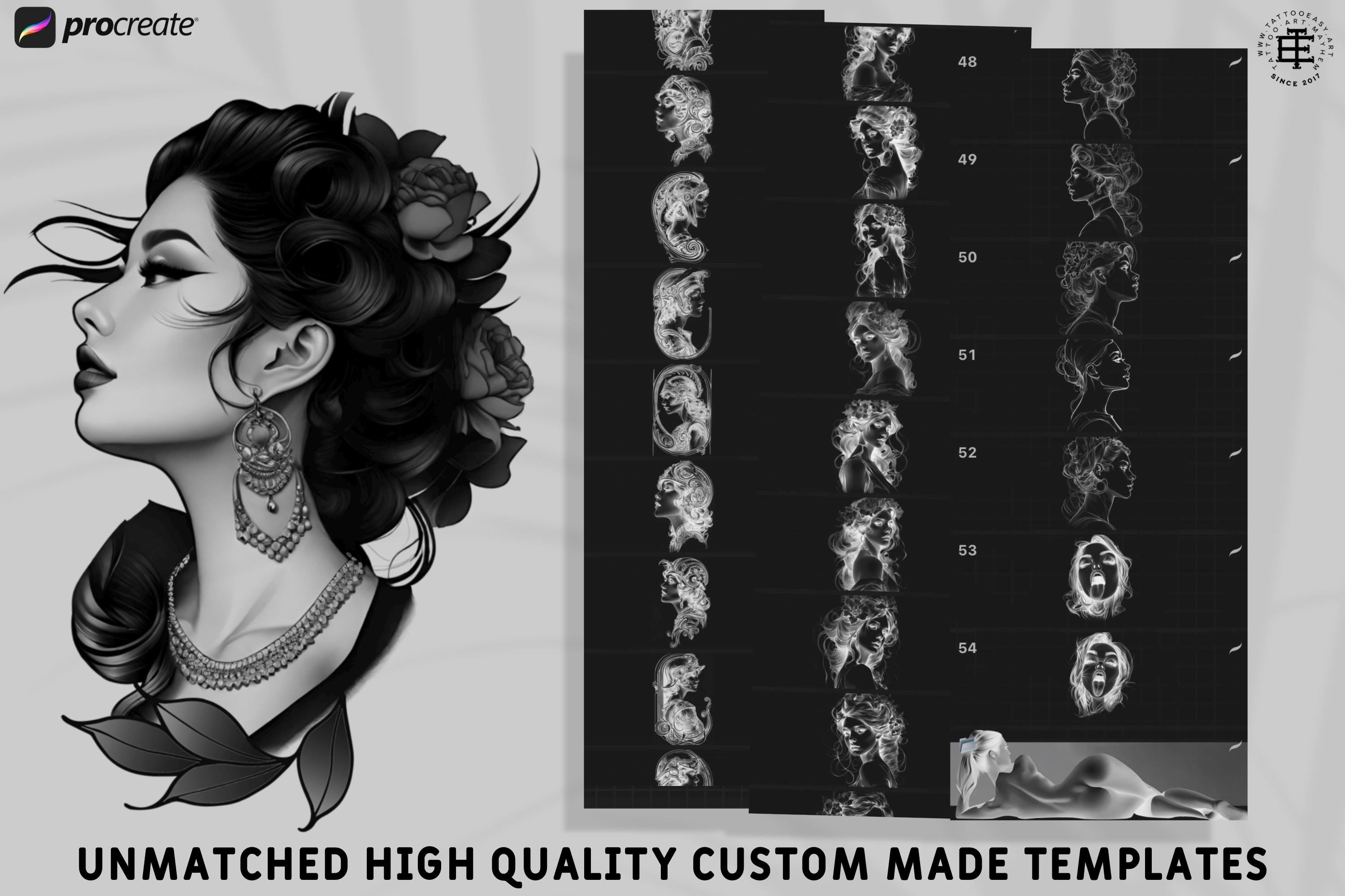 Neo-Traditional Lady Tattoo Design Kit: 2000+ Procreate Stamps, SVG & PNG Files