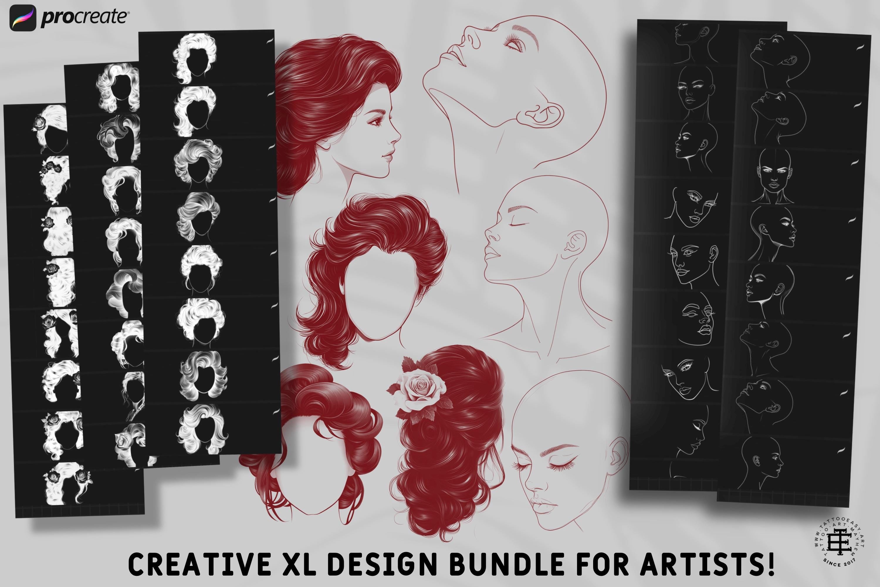 Neo-Traditional Lady Tattoo Design Kit: 2000+ Procreate Stamps, SVG & PNG Files