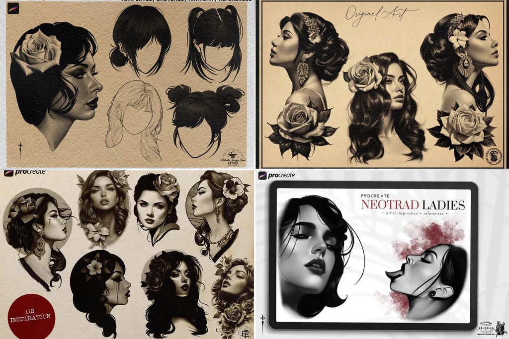 Neo-Traditional Lady Tattoo Design Kit: 2000+ Procreate Stamps, SVG & PNG Files
