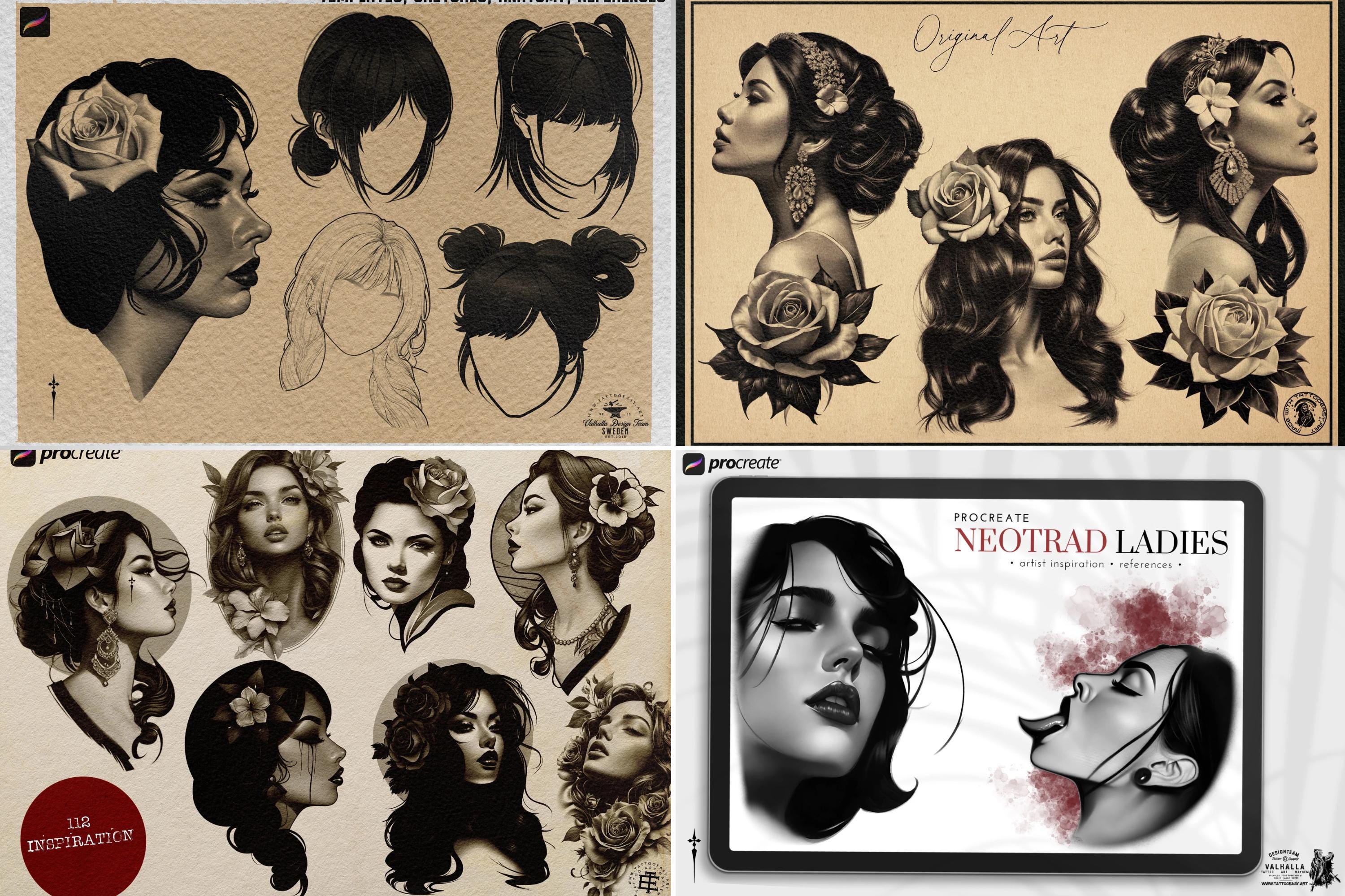 Neo-Traditional Lady Tattoo Design Kit: 2000+ Procreate Stamps, SVG & PNG Files