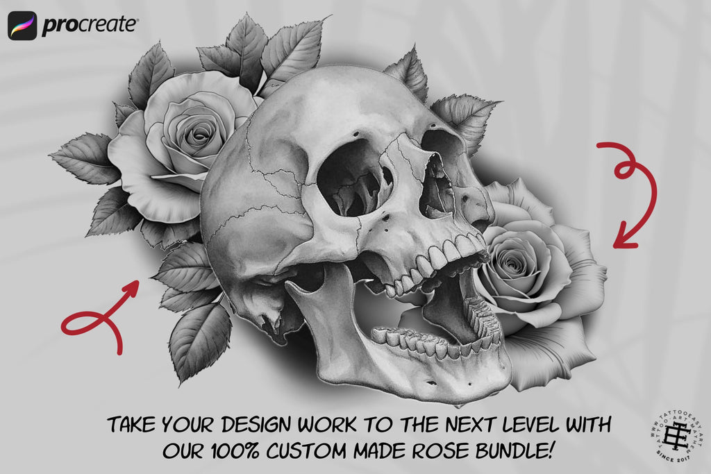 Rose Tattoo Flash References: Procreate Stamps, SVG, PNG (2000+ Elements)