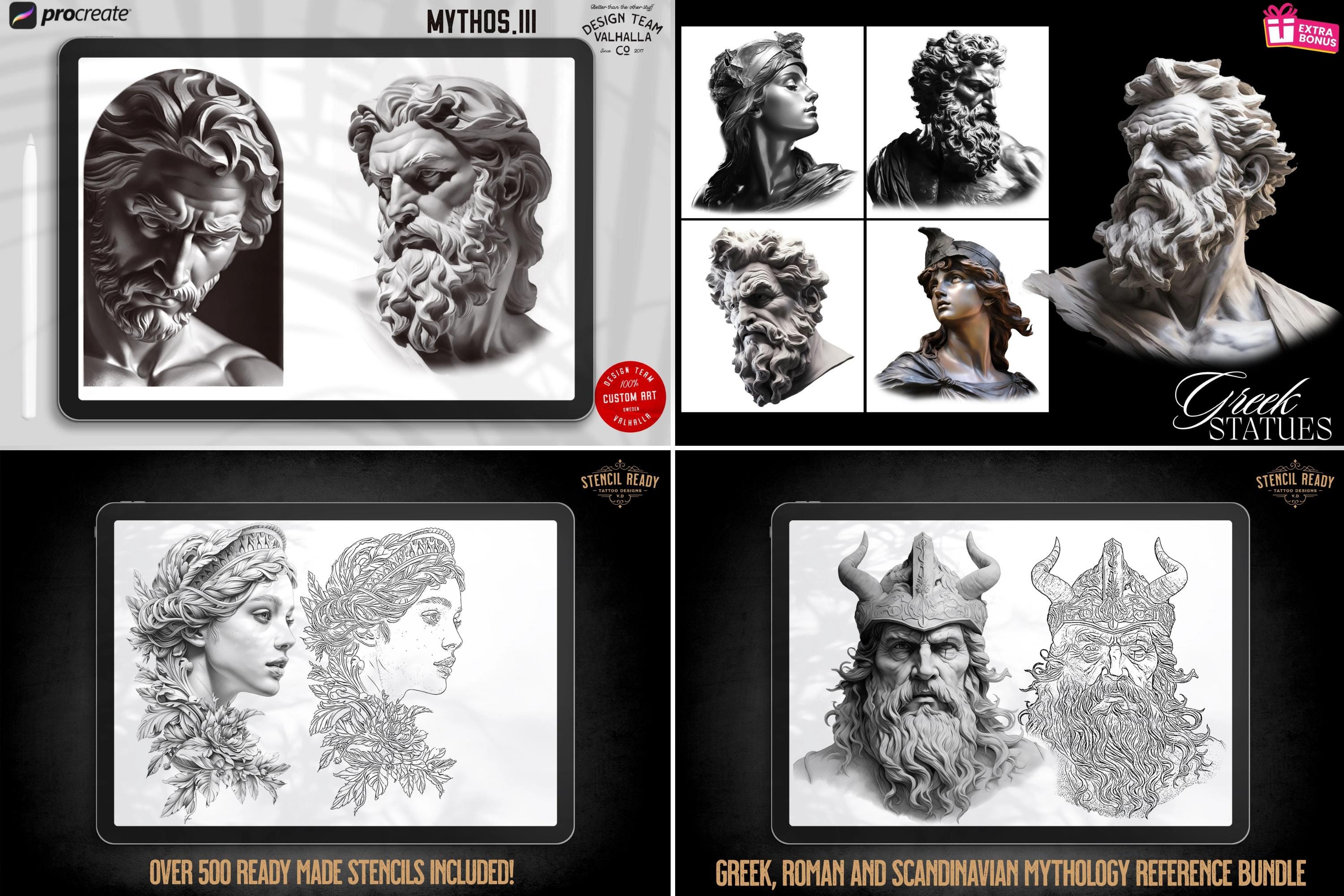 Greek Mythology Tattoo Art: Procreate Stamps, SVG, PNG (2500+ Elements)