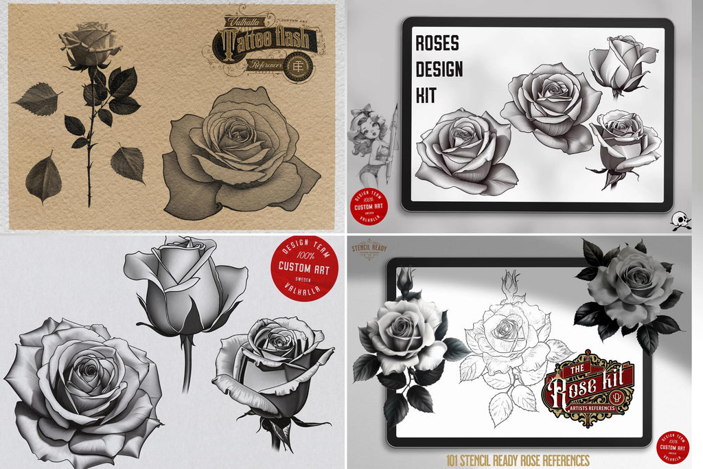 Rose Tattoo Flash References: Procreate Stamps, SVG, PNG (2000+ Elements)