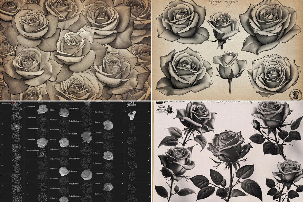 Rose Tattoo Flash References: Procreate Stamps, SVG, PNG (2000+ Elements)