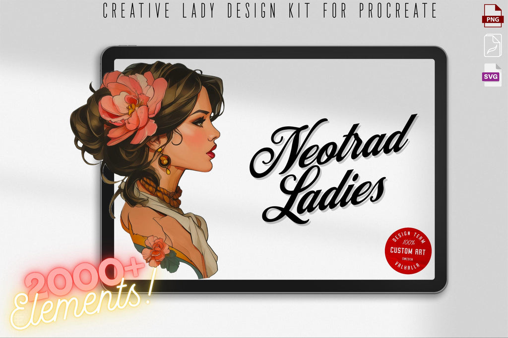 Neo-Traditional Lady Tattoo Design Kit: 2000+ Procreate Stamps, SVG & PNG Files