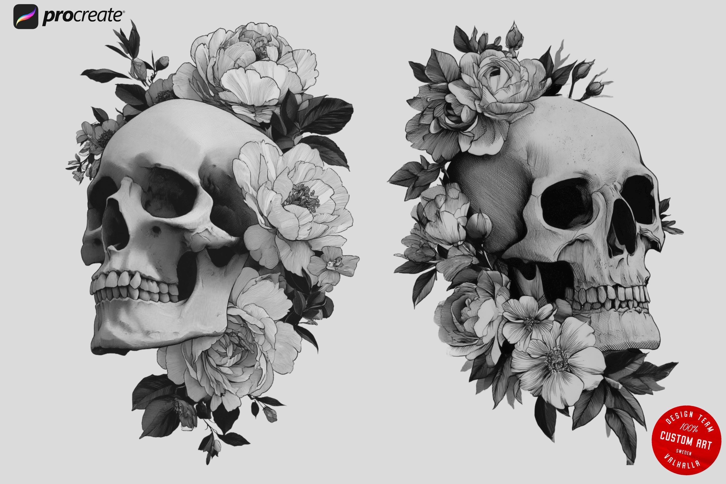 Skull & Flowers Tattoo Stamps: 129 Procreate Designs