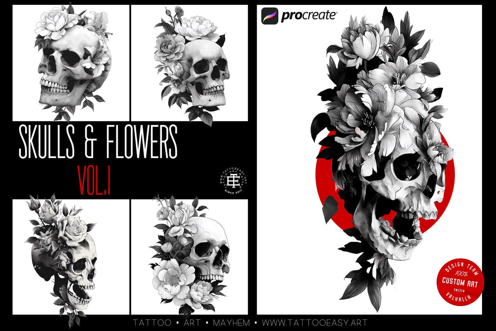Skull & Flowers Tattoo Stamps: 129 Procreate Designs