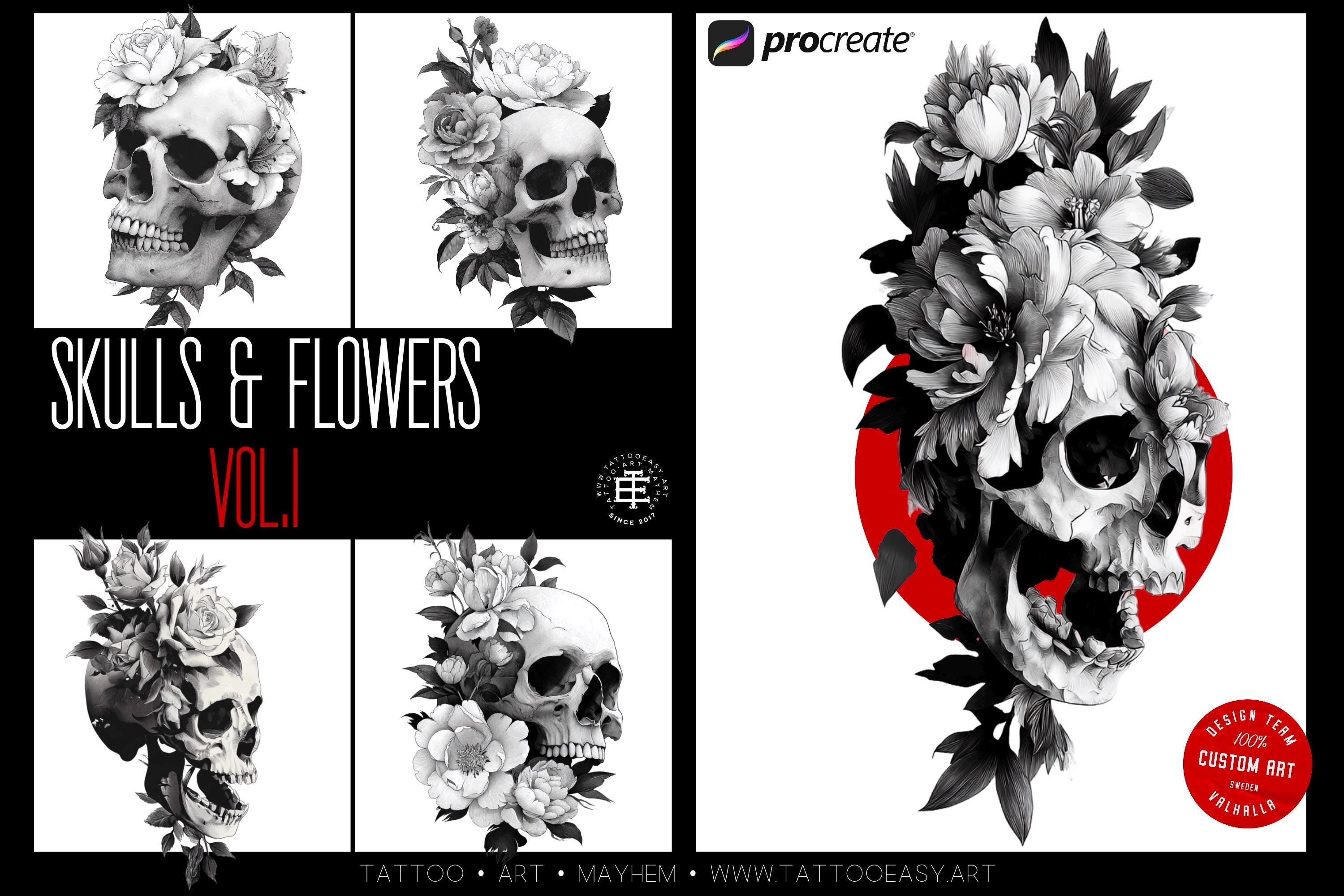 Skull & Flowers Tattoo Stamps: 129 Procreate Designs