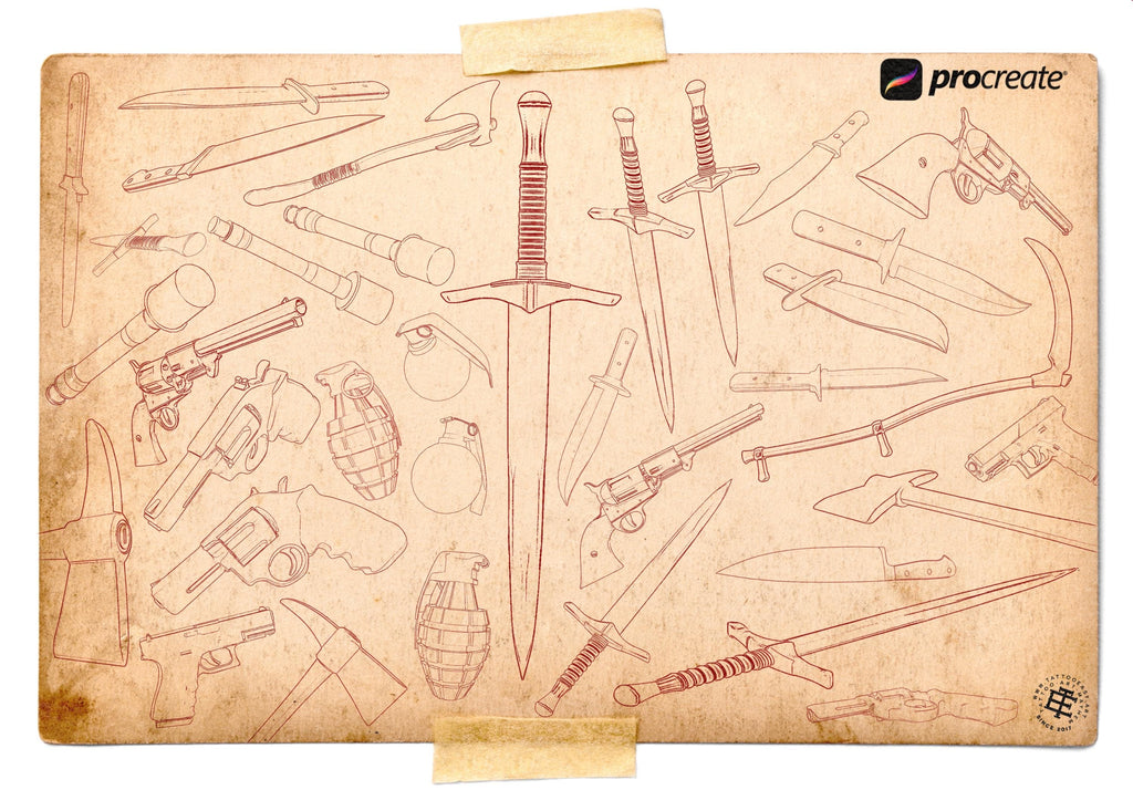 200+ Weapon Procreate Brushes, Swords, Guns, Knives (Digital Download)