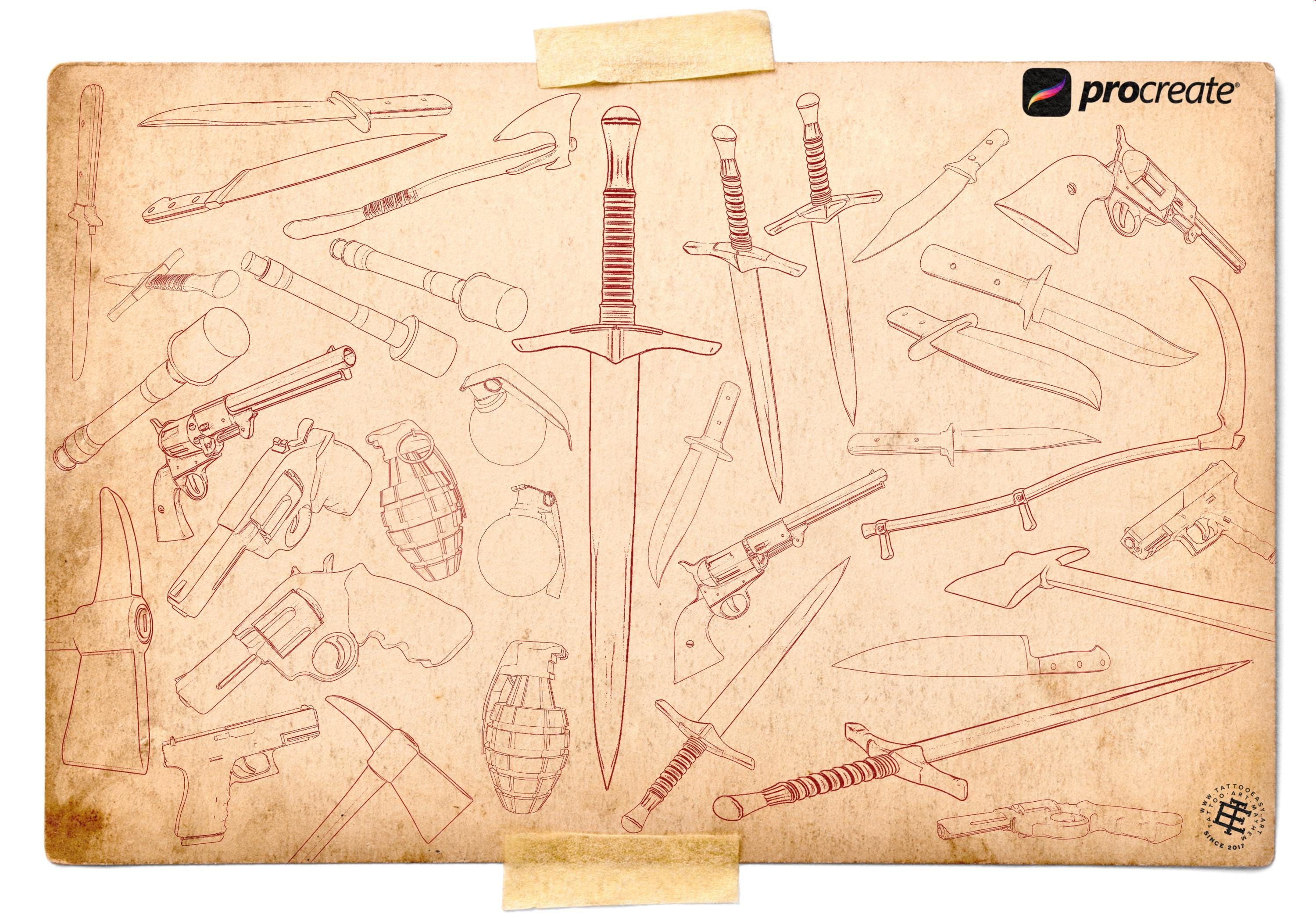 200+ Weapon Procreate Brushes, Swords, Guns, Knives (Digital Download)