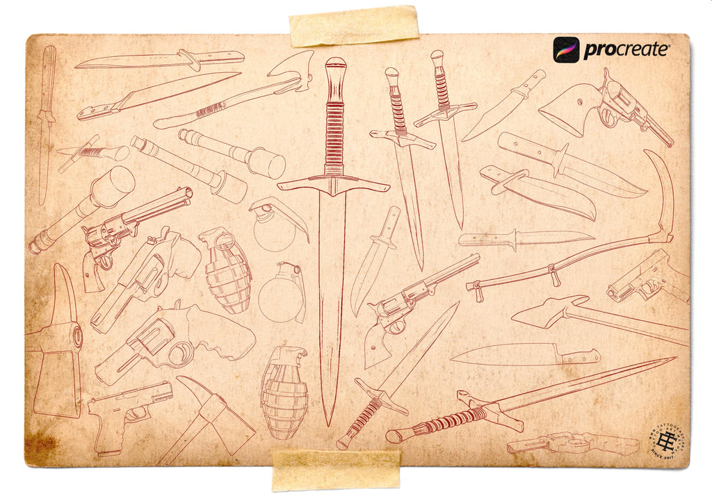 200+ Weapon Procreate Brushes, Swords, Guns, Knives (Digital Download)