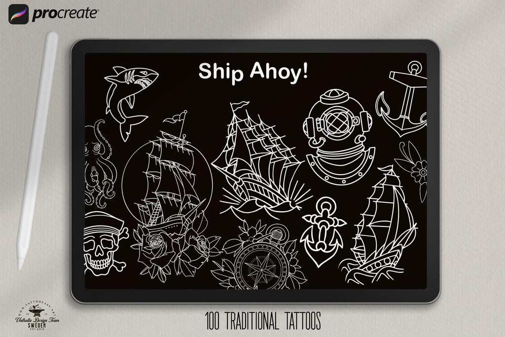 Procreate, Ship Ahoy! 100+ tattos, outlined tattoo ideas, hand drawn art