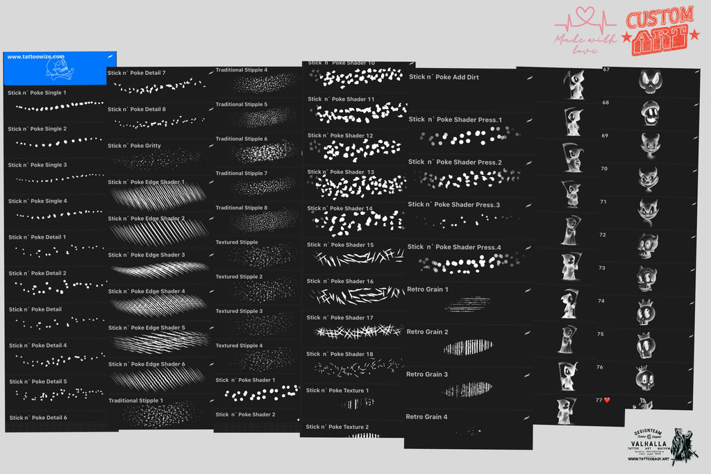 Procreate, stick n poke ~ 100% custom made brushes, designs, canvas & palettes