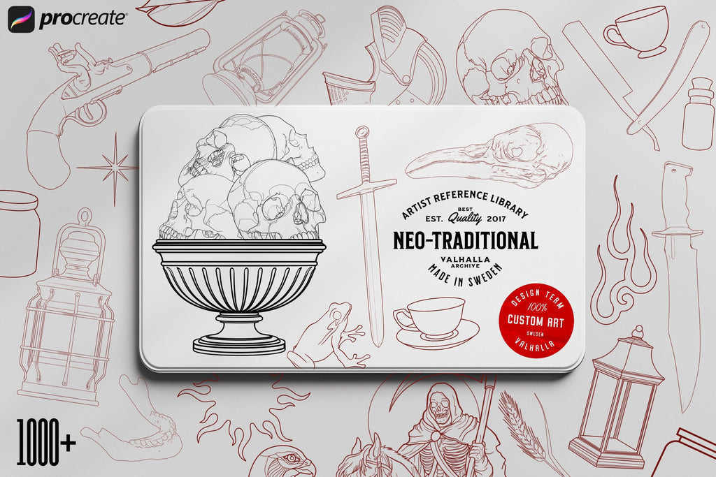 Neo-Traditional Tattoo Brushes for Procreate: 1000+ Art Reference Kit (Digital Download