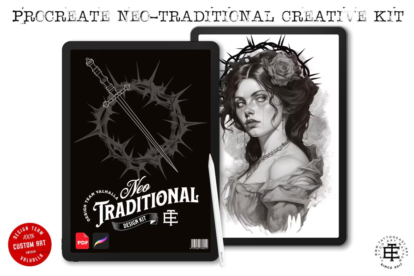 Neo-Traditional Tattoo Brushes for Procreate: 1000+ Art Reference Kit (Digital Download