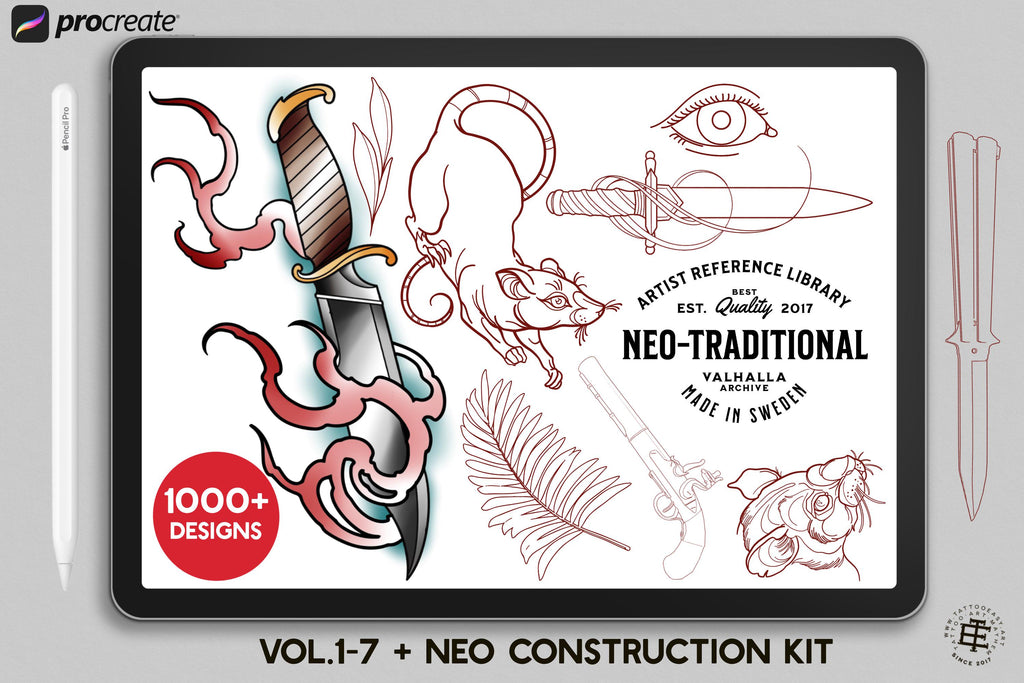 Neo-Traditional Tattoo Brushes for Procreate: 1000+ Art Reference Kit (Digital Download