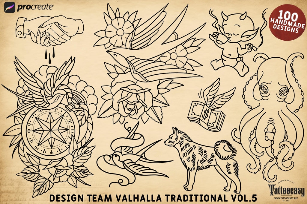 Traditional Tattoo Procreate Stamp brushes, Vol. 5, 100 Designs (Digital Download) studio stencils