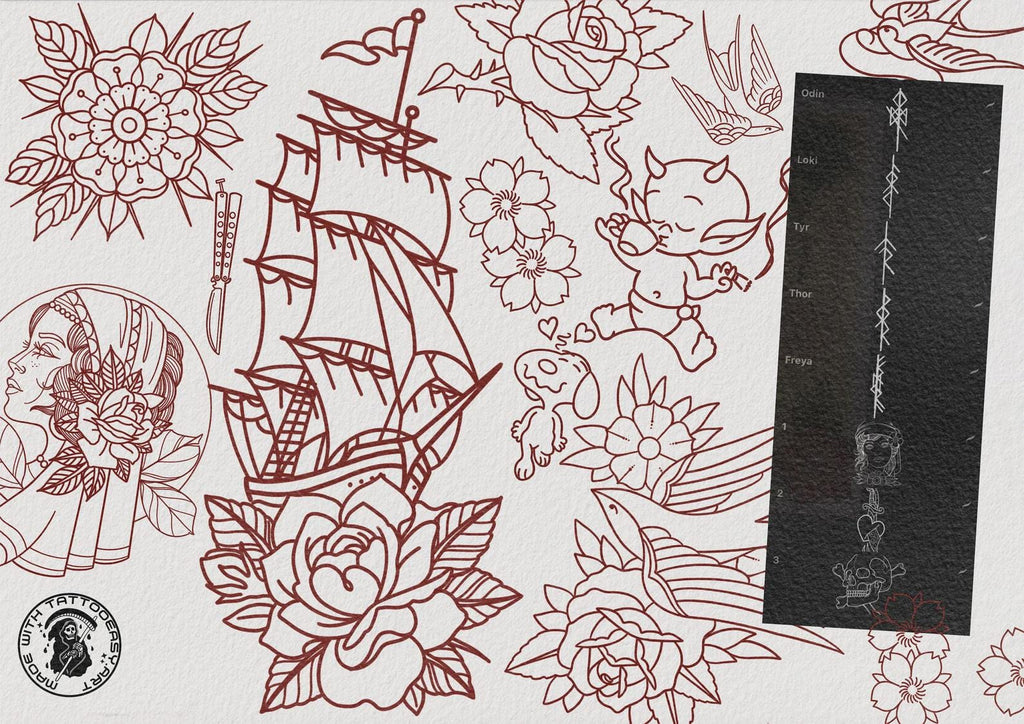 Traditional vol.5, 115+ tattoo ideas, outlined traditional stencils, made in Sweden