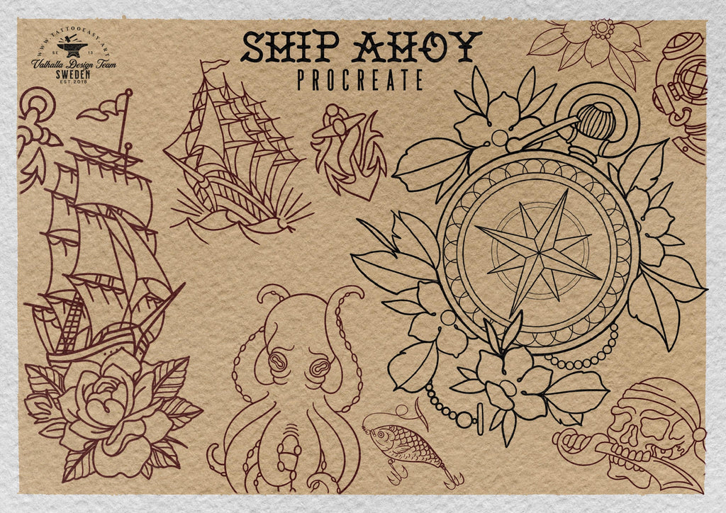 Procreate, Ship Ahoy! 100+ tattos, outlined tattoo ideas, hand drawn art