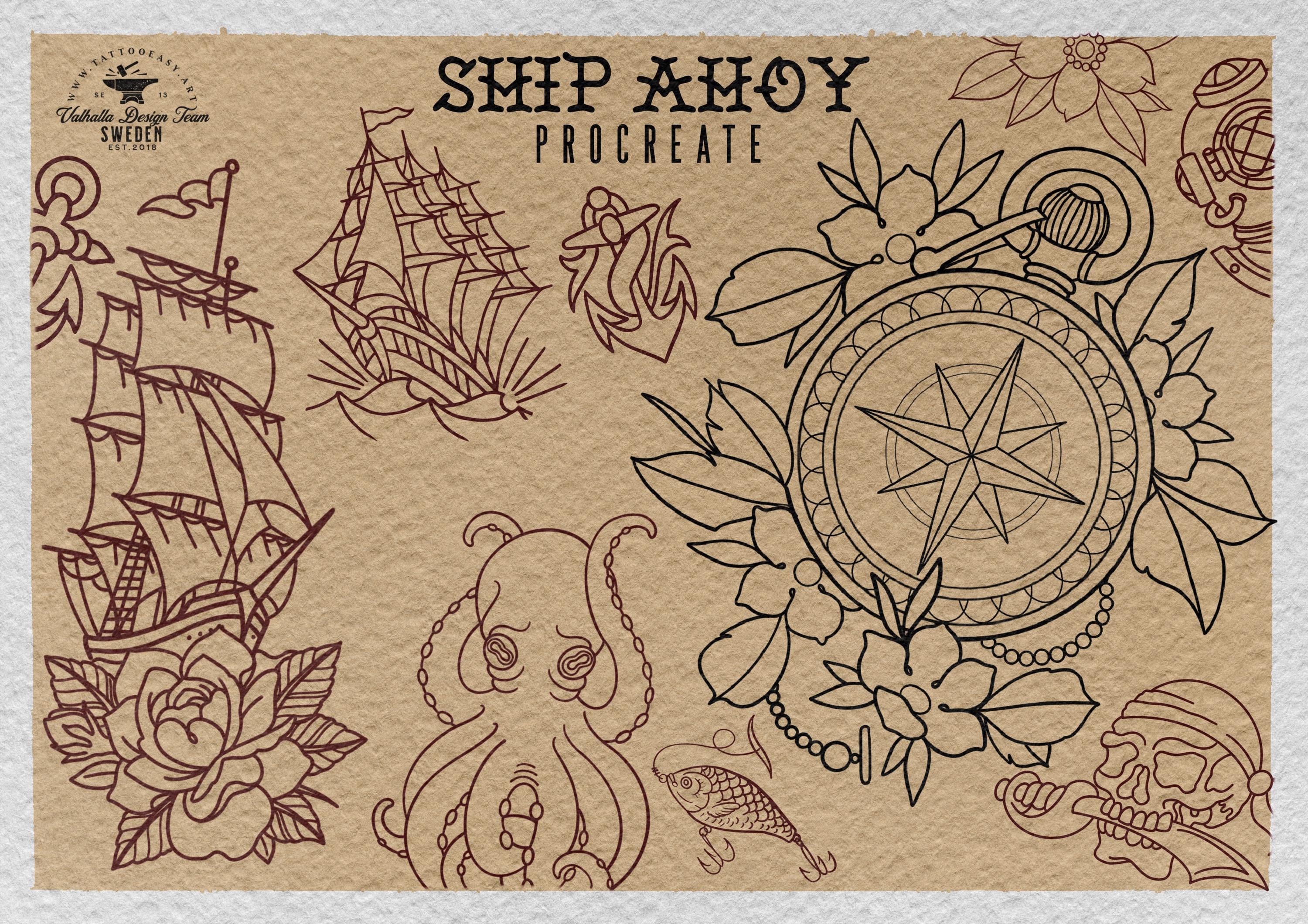 Procreate, Ship Ahoy! 100+ tattos, outlined tattoo ideas, hand drawn art
