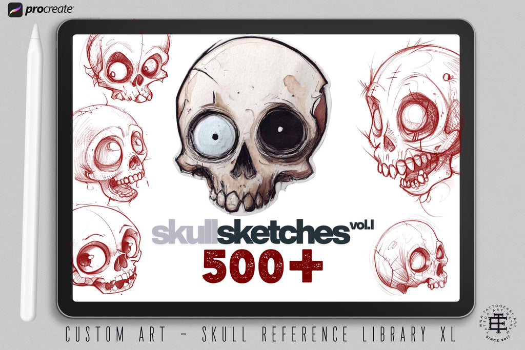 Skull Sketchbook: 500+ Procreate Stamps, Tattoo Art Reference (Digital Download)