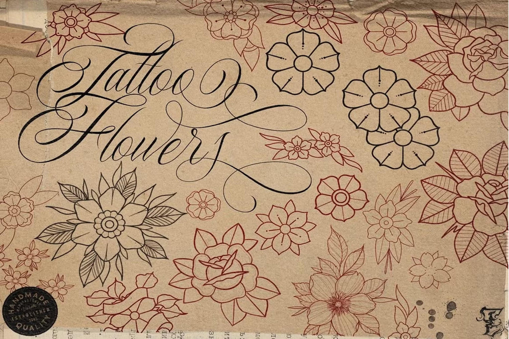 Traditional Tattoo Flower Procreate Stamps: Vintage Flash Art Designs (PNG, SVG, EPS)