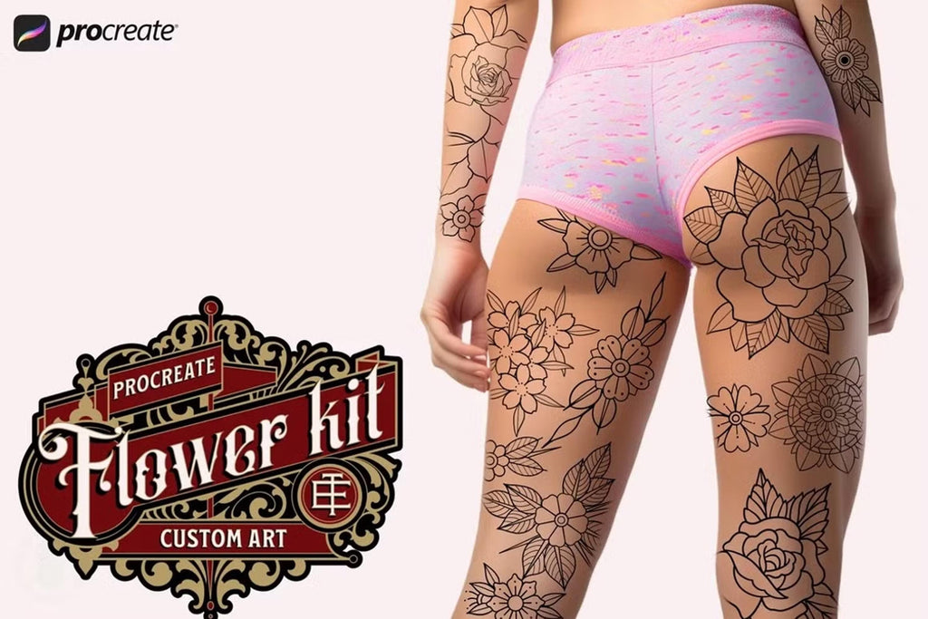 Traditional Tattoo Flower Procreate Stamps: Vintage Flash Art Designs (PNG, SVG, EPS)