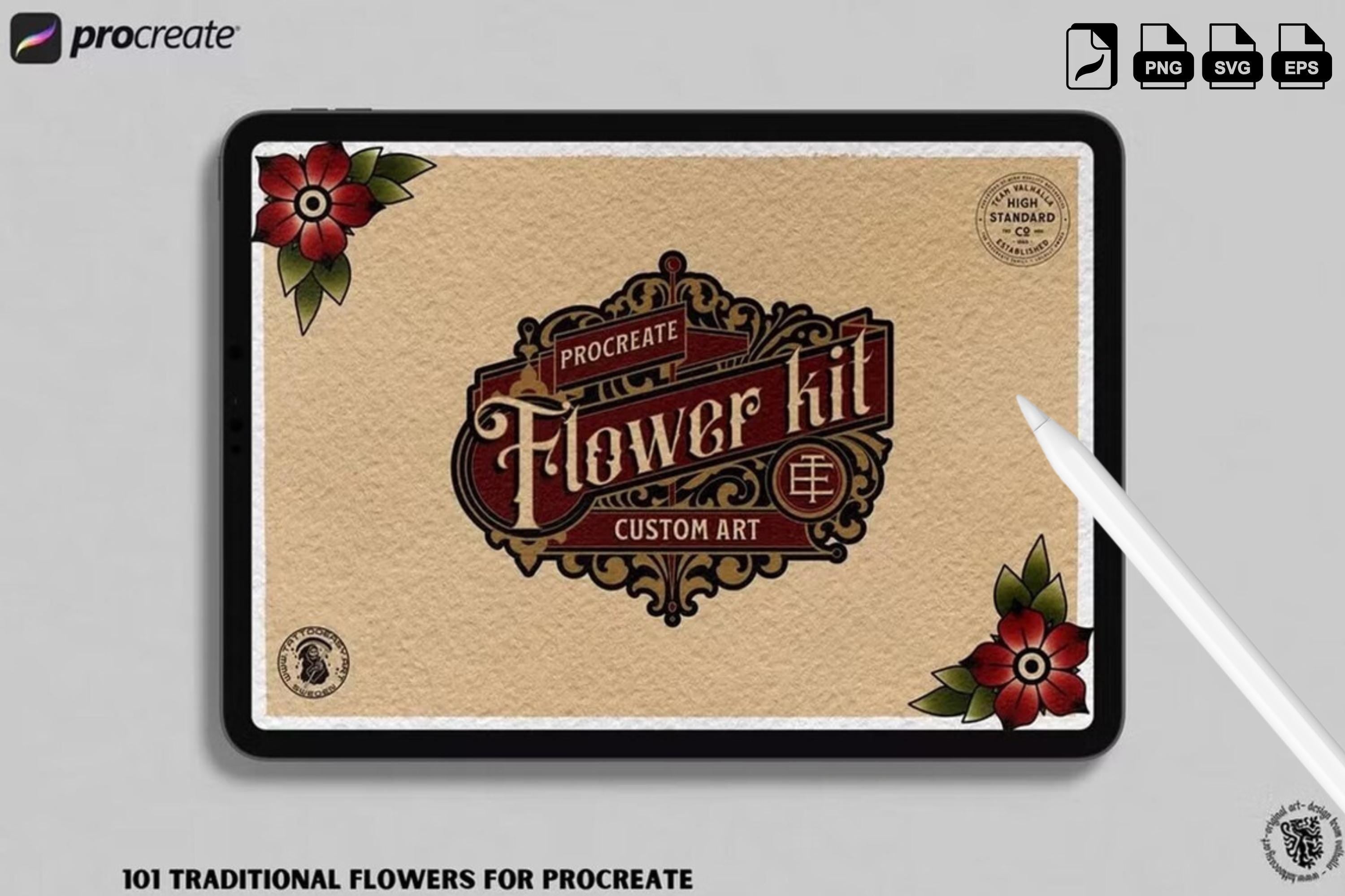 Traditional Tattoo Flower Procreate Stamps: Vintage Flash Art Designs (PNG, SVG, EPS)