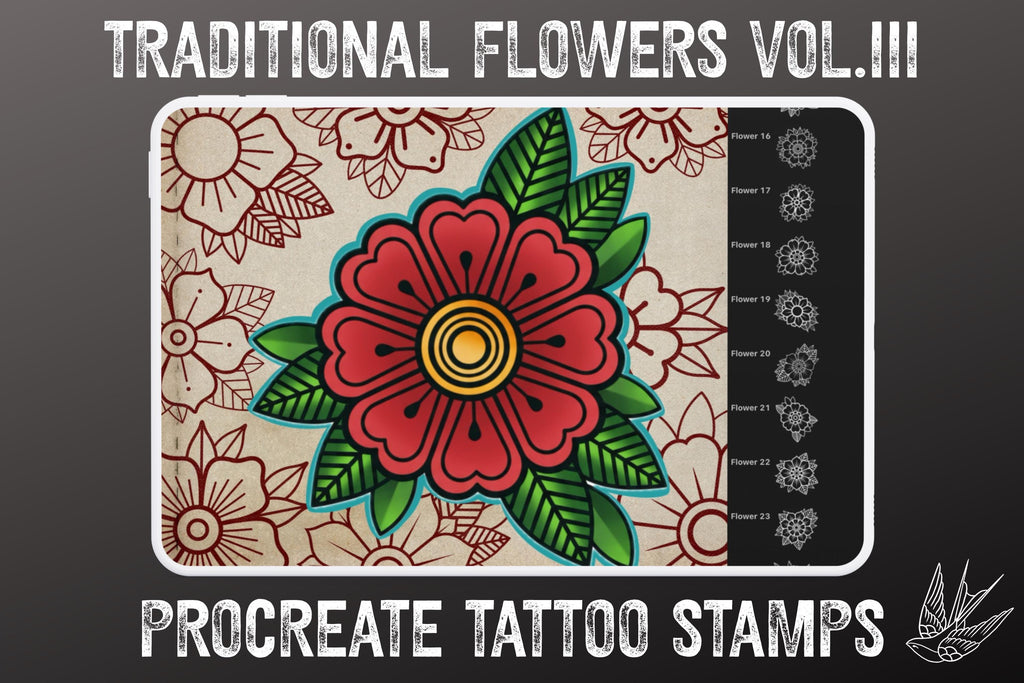 Traditional Tattoo Flowers 3 56 files – Procreate Stamps | Old School Clipart