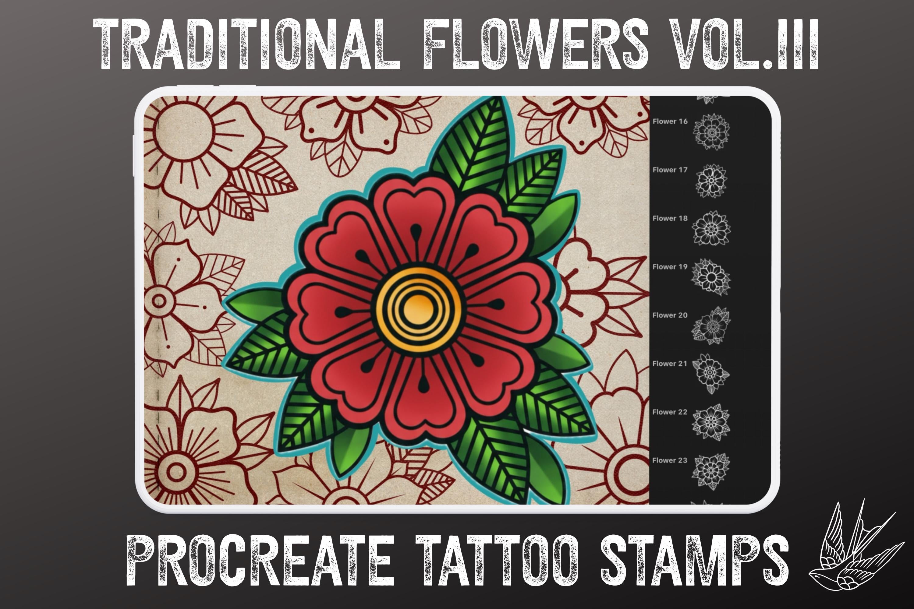 Traditional Tattoo Flowers 3 56 files – Procreate Stamps | Old School Clipart