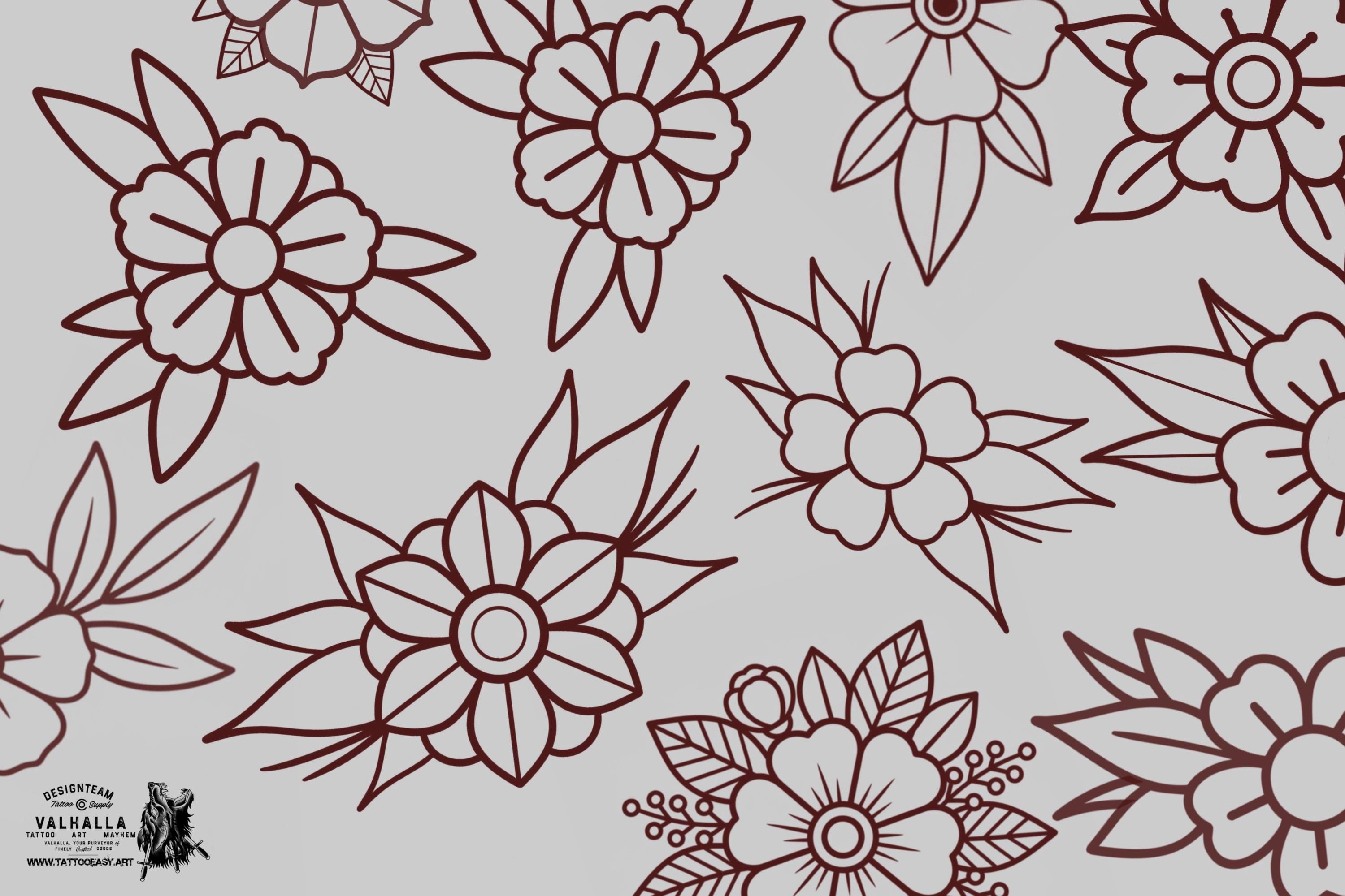 Traditional Tattoo Flowers 120 files – Procreate Stamps | Old School Flower Clipart – PNG, SVG, EPS