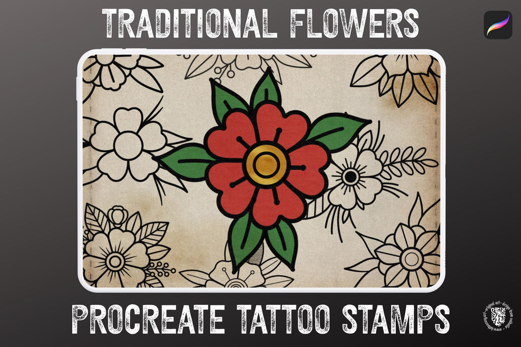 Traditional Tattoo Flowers 120 files – Procreate Stamps | Old School Flower Clipart – PNG, SVG, EPS