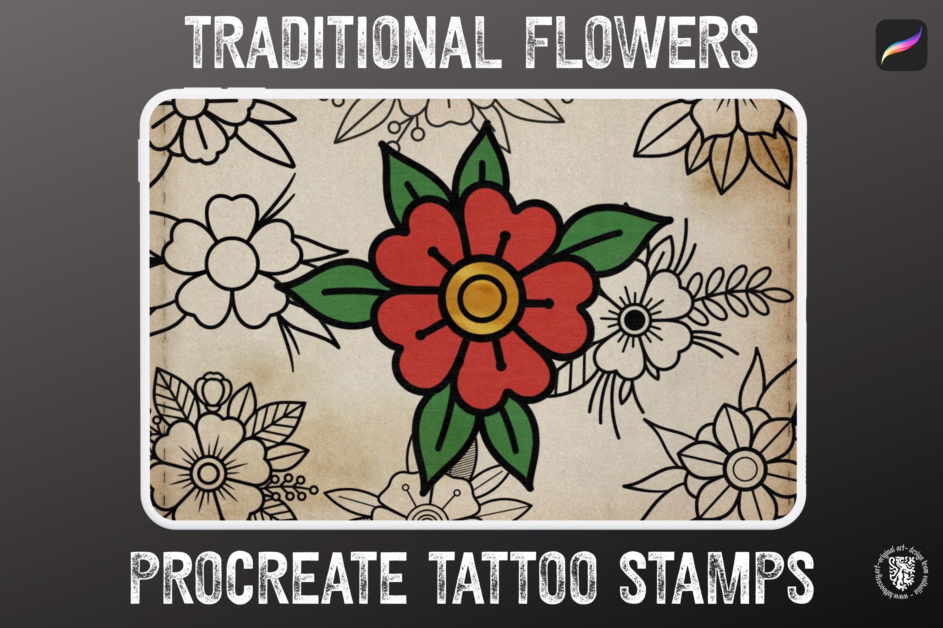Traditional Tattoo Flowers 120 files – Procreate Stamps | Old School Flower Clipart – PNG, SVG, EPS