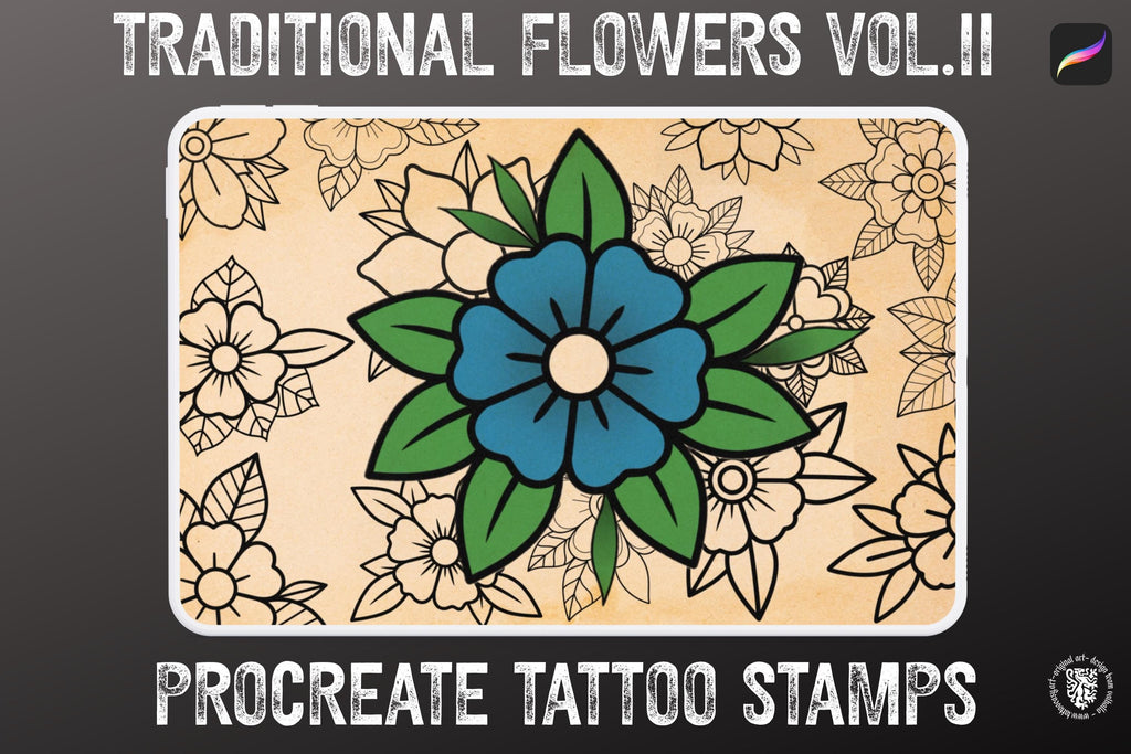 Traditional Tattoo Flowers 2 | 106 files – Procreate Stamps | Old School Clipart – PNG, SVG, EPS