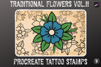 Traditional Tattoo Flowers 2 | 106 files – Procreate Stamps | Old School Clipart – PNG, SVG, EPS