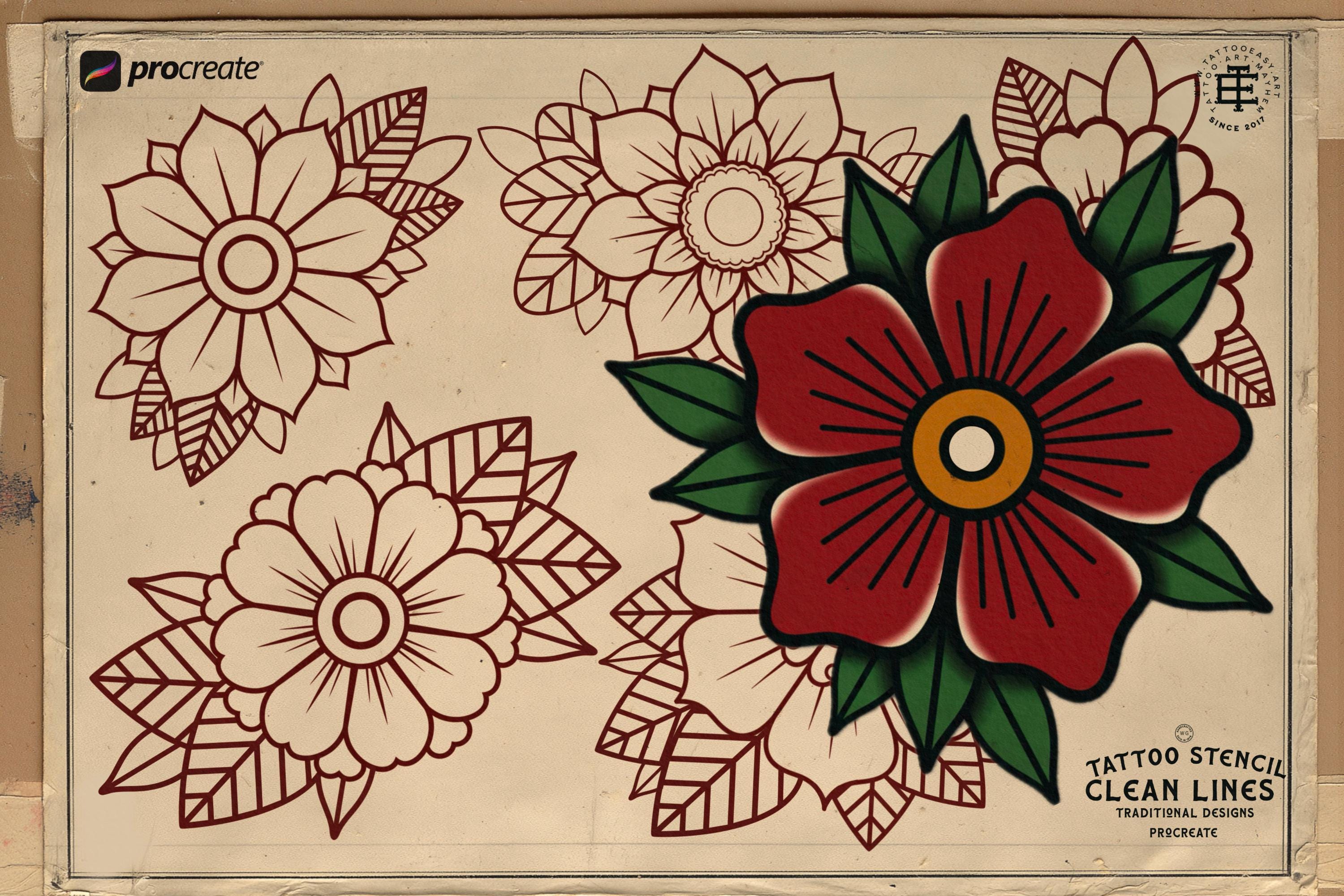 Traditional Tattoo Flowers 3 56 files – Procreate Stamps | Old School Clipart