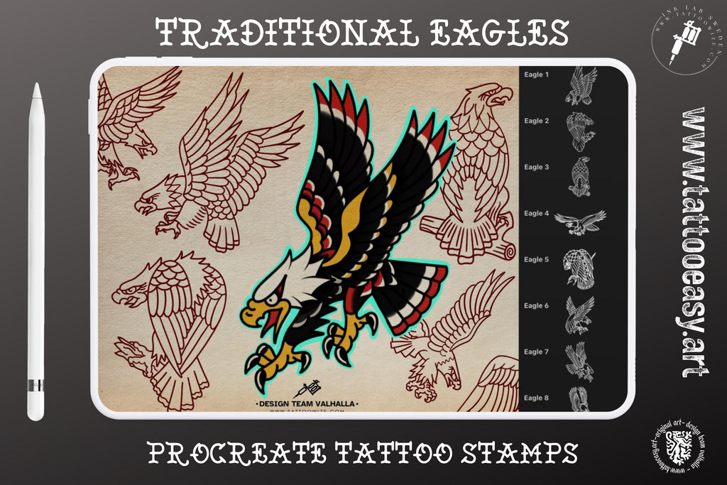 Traditional Tattoo Eagles 100 files, Procreate Stamps, SVG, PNG, EPS