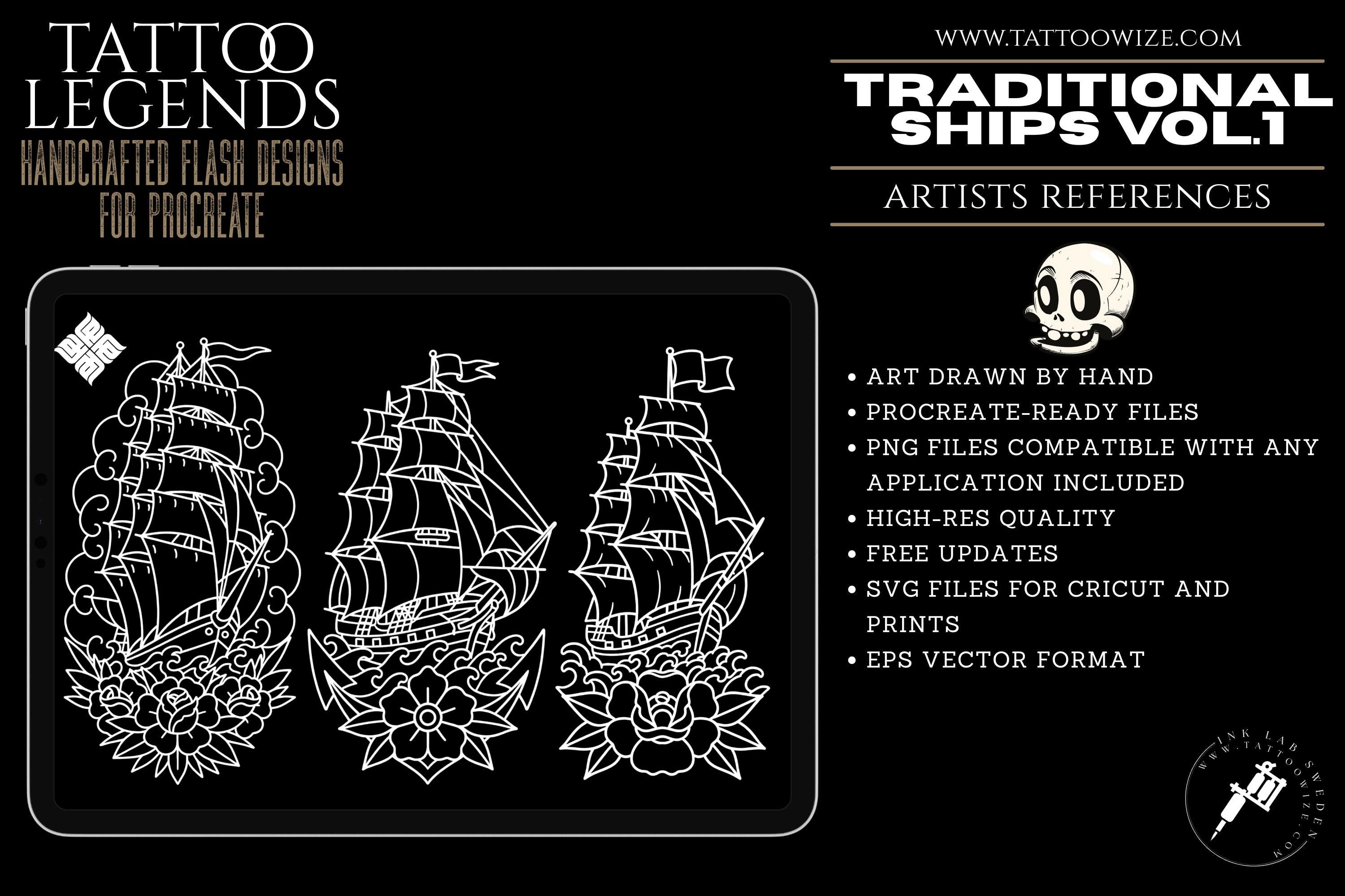 Traditional Tattoo Stencils - 100 files | Procreate Stamp Brushes PNG EPS SVG